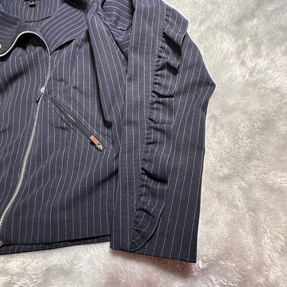 Lane Bryant Jacket Womens 14 Navy Blue Striped Moto Zip Up Ruffled Peplum Blazer - Picture 10 of 11